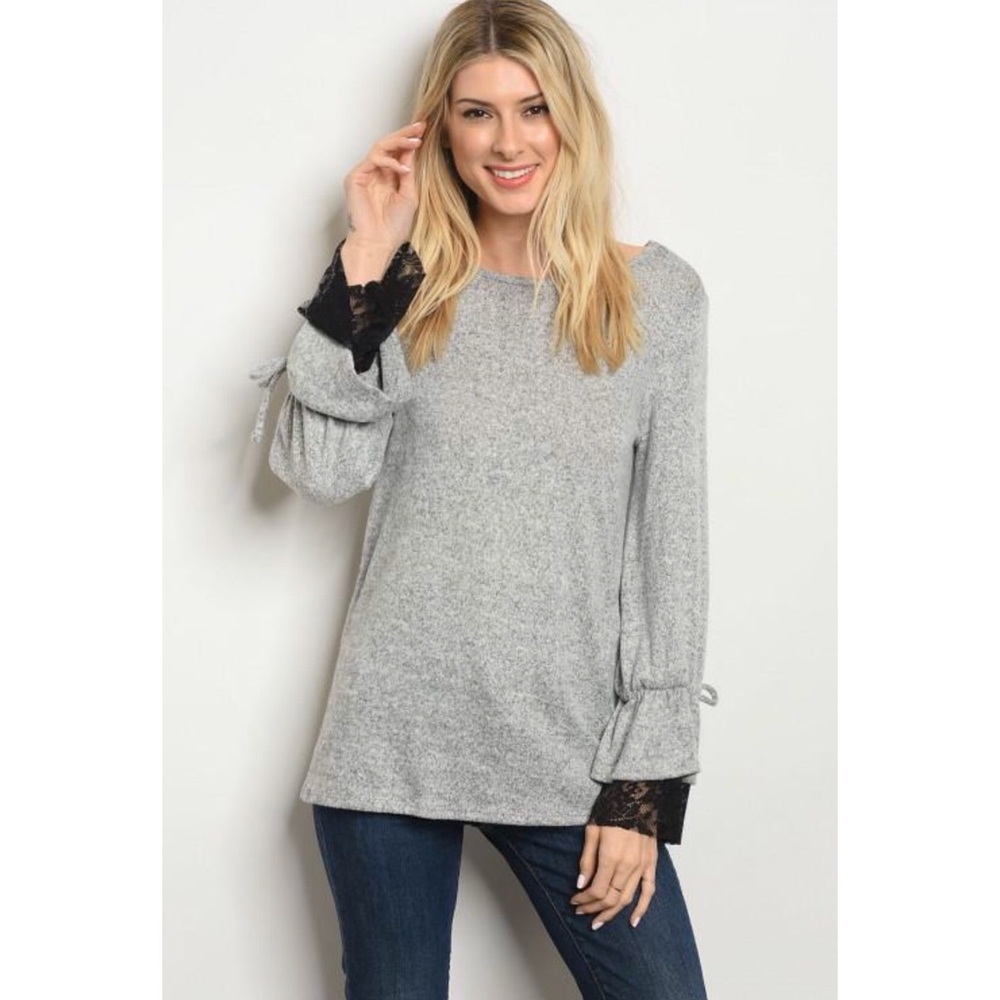 Grey Long Sleeve Top with Black Lace